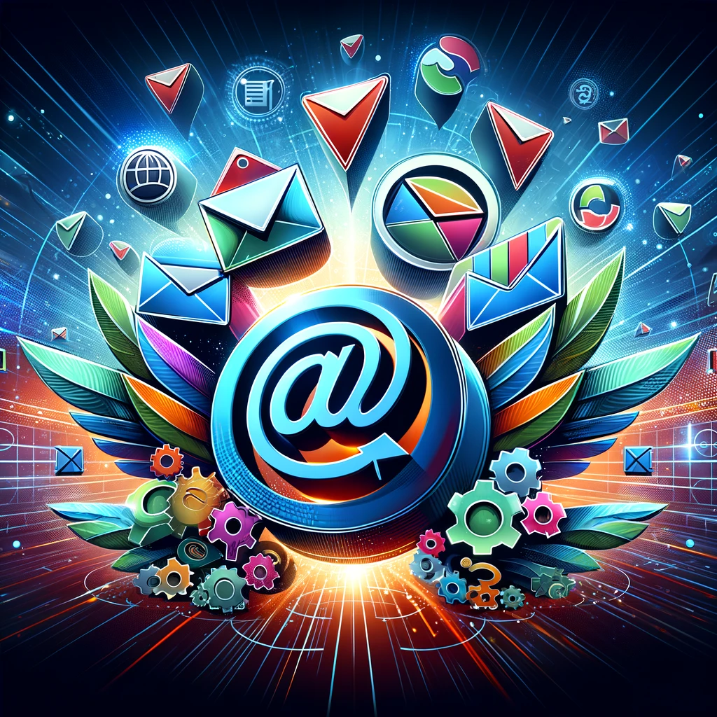 A vibrant banner showcasing the essence of successful teamwork in email marketing, featuring iconic symbols such as email envelopes, a segmented list, and a teamwork emblem set against a dynamic and colorful digital backdrop
