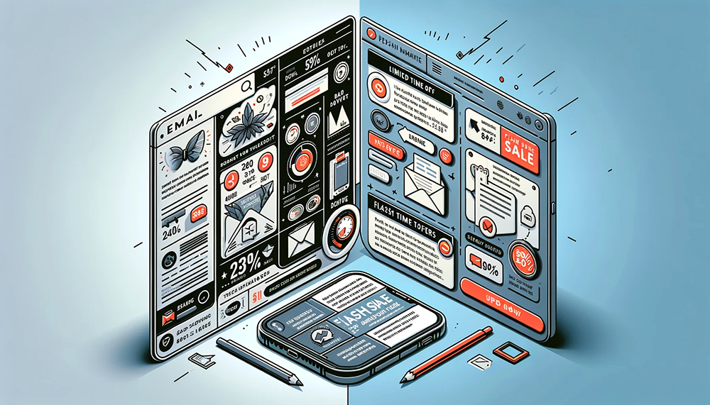 A split image showcasing the different strengths of email and SMS marketing. The left side depicts an email with a detailed infographic highlighting product features, while the right side displays a phone screen showing a concise SMS message about a flash sale.